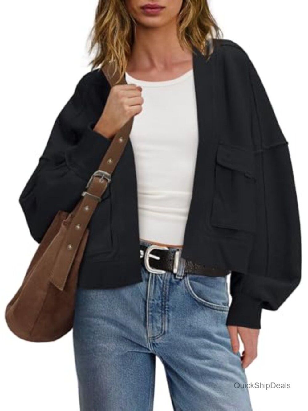 Womens Cropped Cardigan Open Front Batwing Sleeve Oversized Fall Sweater